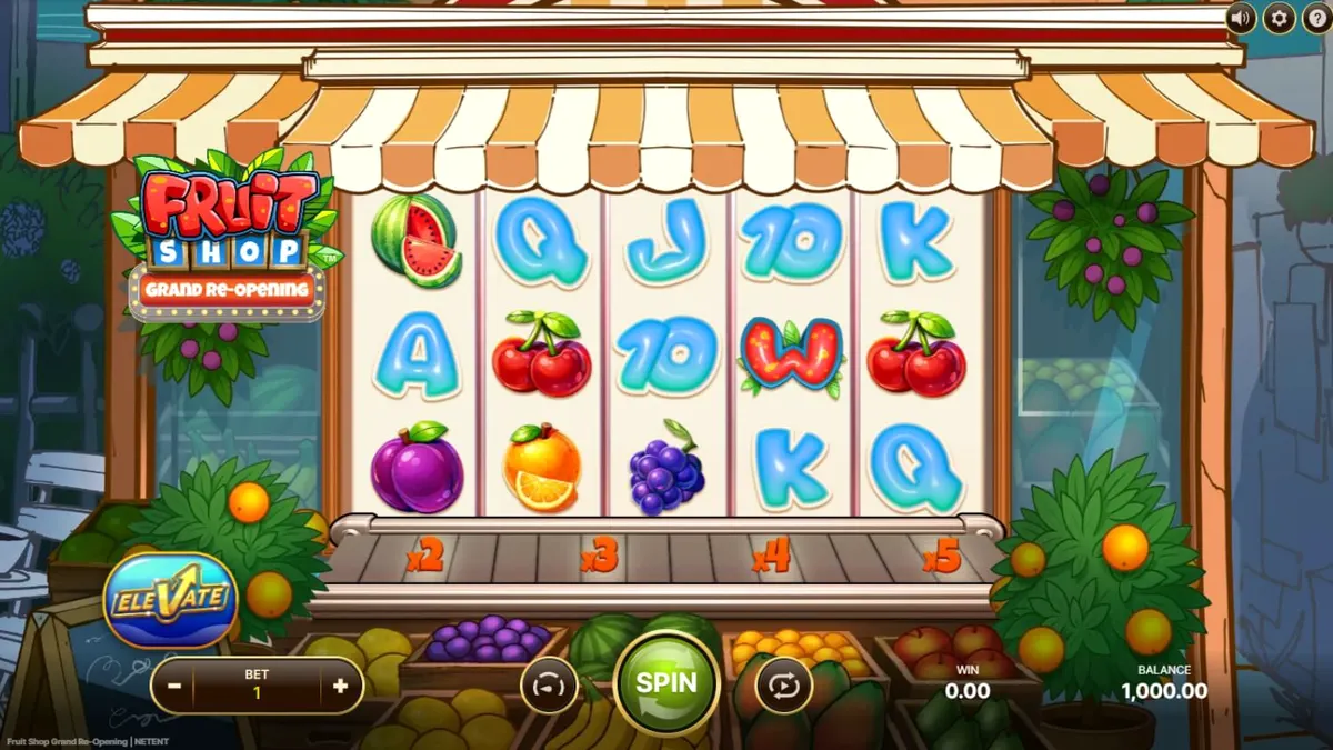 Giao diện trò chơi Fruit Shop Grand Re-Opening với các biểu tượng trái cây rực rỡ